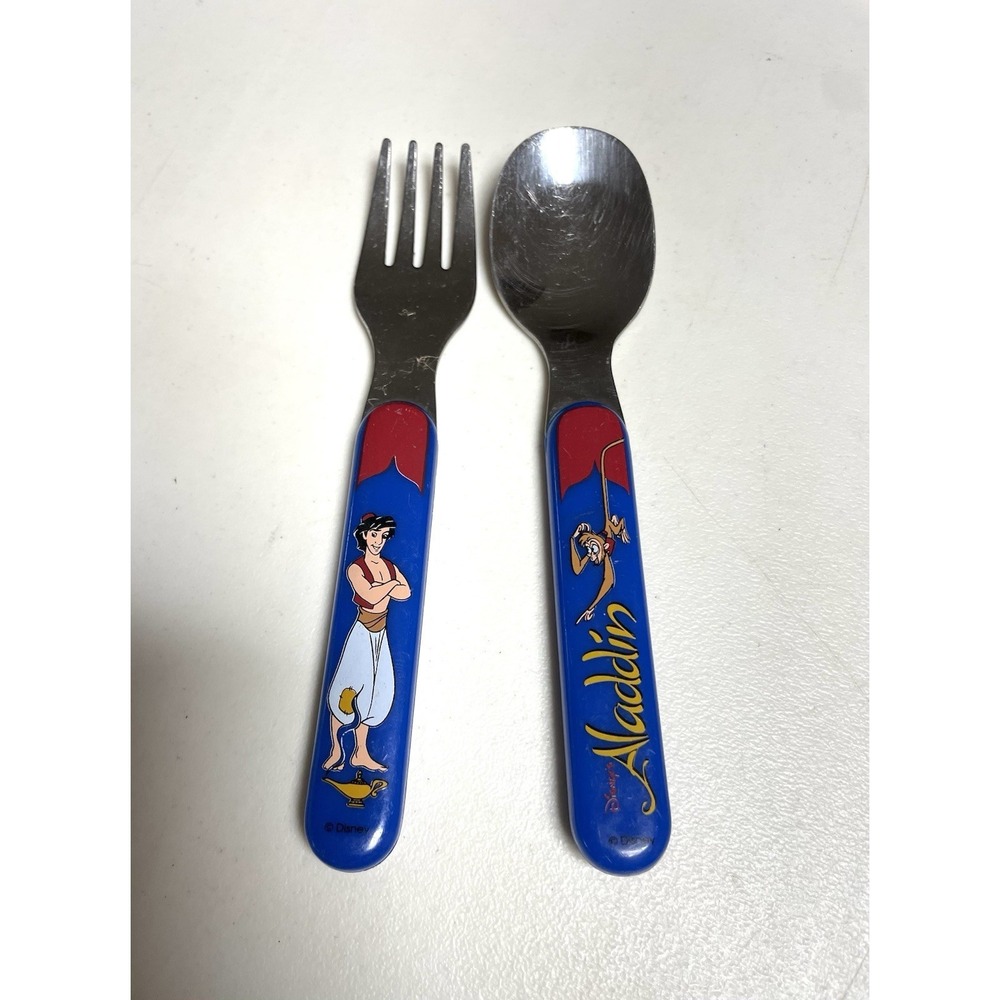 Vintage 90's Disney Aladdin Toddler Fork & Spoon Set Stainless Steel Blue